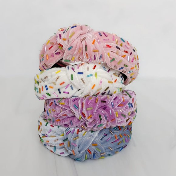 Blue Confetti Beaded Knot Velvet Headband Rainbow Beads Handmade Knotted Turban